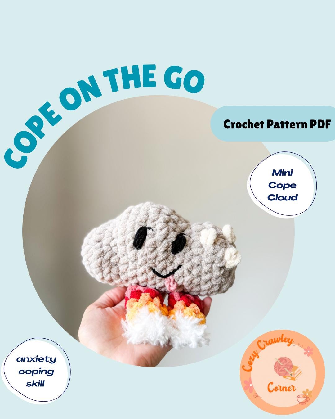 Crochet Mini Cloud Pattern: Anxiety Coping Skill, 54321 Grounding (PDF Pattern