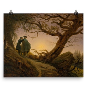 May include: Two figures stand in a dark forest, silhouetted against a pale sky. A crescent moon hangs in the sky above a large, gnarled tree. The scene is painted in muted tones of brown, green, and gray.