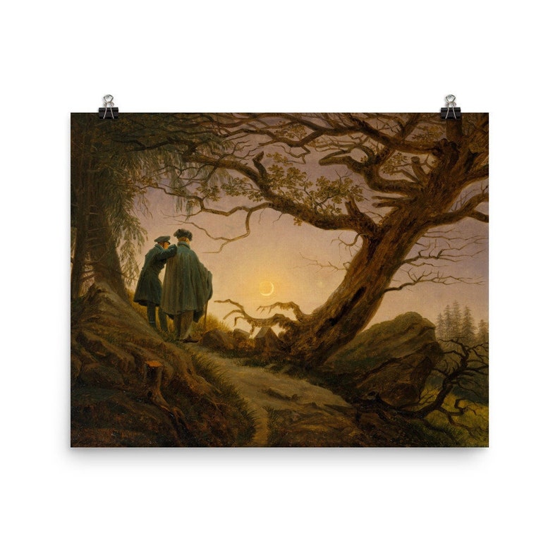 May include: Two figures stand in a dark forest, silhouetted against a pale sky. A crescent moon hangs in the sky above a large, gnarled tree. The scene is painted in muted tones of brown, green, and gray.