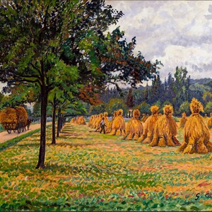 May include: A painting of a rural landscape with a dirt road lined with trees. A horse-drawn cart carrying hay bales travels down the road. In the distance, a field of hay bales is lined up in rows. The sky is cloudy and gray.