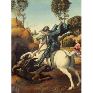 May include: A painting depicting Saint George slaying a dragon. The saint is on horseback, wearing armor and a flowing cape, while the dragon is green and brown with large wings. A woman in a red dress kneels in prayer in the background.
