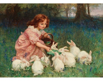 May include: A young girl in a pink dress feeds a group of white rabbits in a field of blue flowers. She holds a basket in her hand and is surrounded by the rabbits.