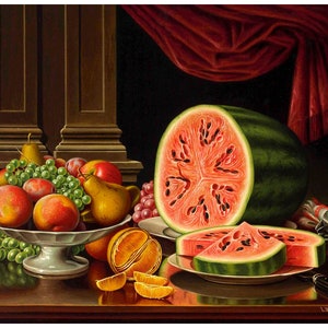 May include: Still life painting of a bowl of fruit, including pears, peaches, grapes, and oranges, with a large watermelon cut in half and slices on a plate. The fruit is arranged on a wooden table with a red velvet curtain in the background.