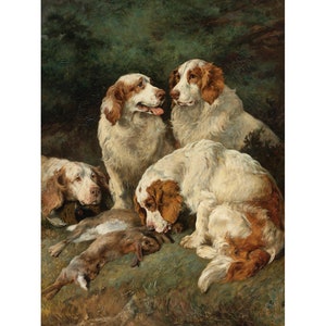 Clumber Spaniels con la bolsa del día / John Emms / 1883 Impresión de pintura de perro