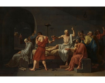 May include: A painting depicting the death of Socrates, a Greek philosopher, surrounded by his students. Socrates is lying on a bed, with a cup of hemlock in his hand, while his students mourn his passing. The painting is set in a prison cell, with a stone wall and a barred window in the background.