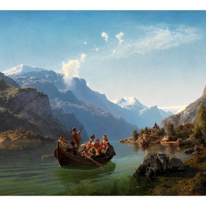 May include: A painting depicting a group of people in a wooden boat on a lake surrounded by mountains. The boat is in the foreground, and the mountains are in the background. The sky is blue and there are clouds in the sky. The water is a light blue-green color.