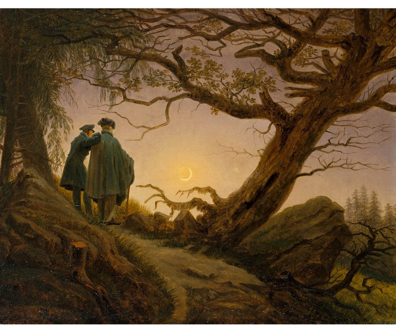 May include: Two figures in dark clothing stand in a moonlit forest, looking towards a crescent moon in the sky. A large tree with bare branches dominates the scene, with a rocky outcropping in the foreground.