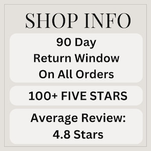 May include: Shop information with a 90-day return window on all orders, over 100 five-star reviews, and an average review of 4.8 stars.