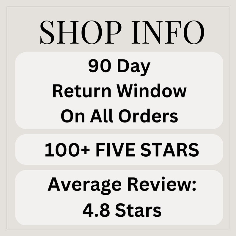 May include: Shop information with a 90-day return window on all orders, over 100 five-star reviews, and an average review of 4.8 stars.