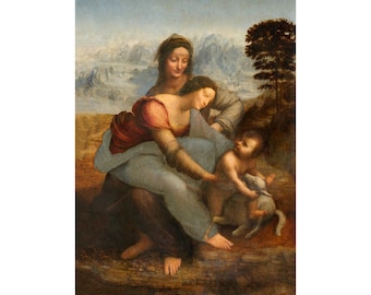 May include: A painting of a woman and child with a lamb. The woman is wearing a blue and red dress and the child is holding the lamb. The background is a landscape with mountains and a tree.