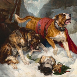 Alpine Mastiffs Reanimating a Distressed Traveler | Edwin Landseer | 1820 Animal Painting Print