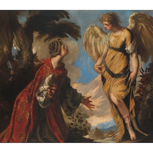 May include: A painting depicting a scene from the Bible. An angel with large white wings stands before a kneeling man in a red robe. The angel is wearing a yellow robe and a blue sash. The background is a landscape with mountains and trees.