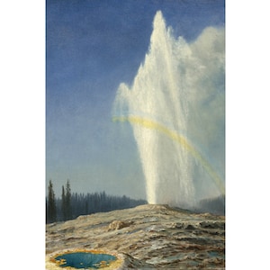 May include: A painting depicting a geyser erupting in Yellowstone National Park. The geyser is a tall, white plume of steam and water rising against a blue sky. A rainbow is visible in the steam.
