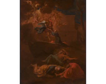 May include: A painting depicting a scene from the Bible, with a group of angels ascending to heaven, while a man kneels in prayer below. Other figures are sleeping on the ground. The painting is done in a dark, muted palette, with a focus on the figures and their expressions.