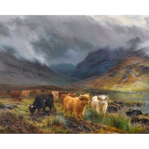 Cattle in a Highland Landscape | Louis Bosworth Hurt | Scotland Nature Print