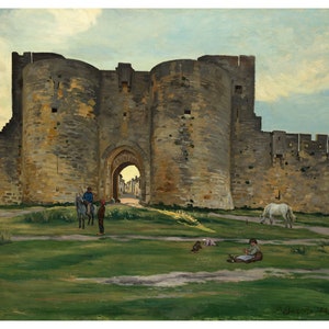 May include: A painting depicting a stone gate with an arched entrance leading into a town. The gate is surrounded by a stone wall and there are people and horses in the foreground.