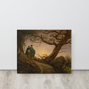 May include: Two figures stand in a forest at dusk, looking at a crescent moon in the sky. A large tree with bare branches dominates the scene. The painting is in a muted palette of browns, greens, and grays.