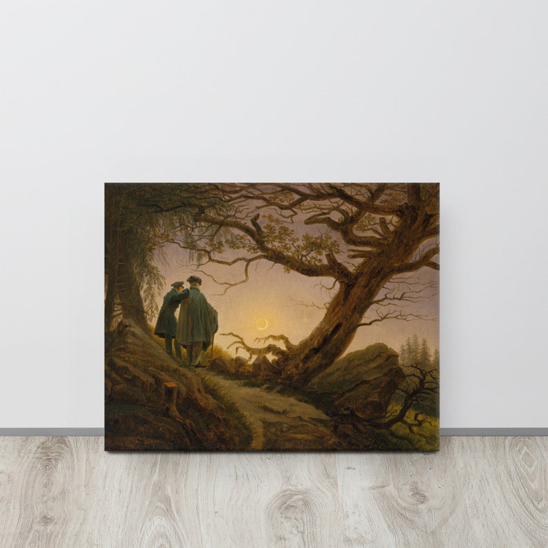 May include: Two figures stand in a forest at dusk, looking at a crescent moon in the sky. A large tree with bare branches dominates the scene. The painting is in a muted palette of browns, greens, and grays.