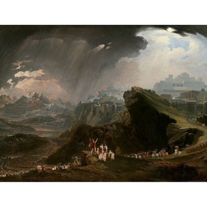 May include: A dramatic painting depicting a procession of people walking towards a city in the distance. The sky is filled with dark clouds and rain, while the city is bathed in sunlight. The painting is a depiction of a biblical scene, possibly the Israelites entering the Promised Land.