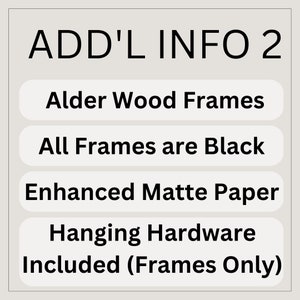May include: Additional information about frames: Alder wood frames, all frames are black, enhanced matte paper, hanging hardware included (frames only).