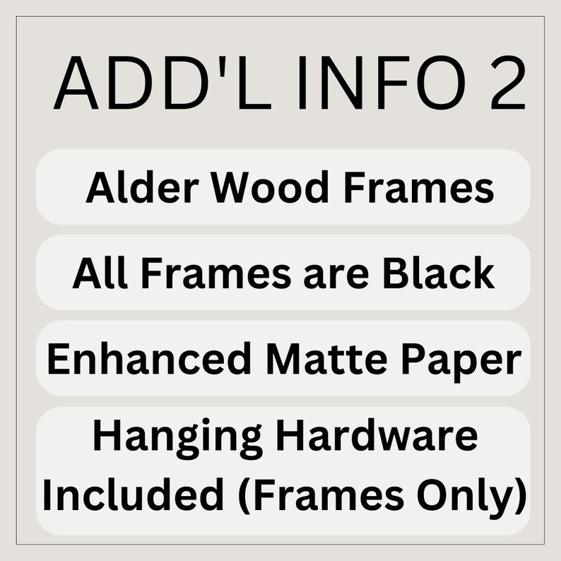 May include: Additional information about frames: Alder wood frames, all frames are black, enhanced matte paper, hanging hardware included (frames only).