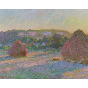 Puede incluir: Una pintura que representa un campo con dos grandes pacas de heno en primer plano. Las pacas de heno son de color marrón rojizo y se colocan sobre un fondo de colinas onduladas y un cielo azul. La pintura está realizada en un estilo que recuerda al impresionismo, con pinceladas visibles que crean una sensación de movimiento.