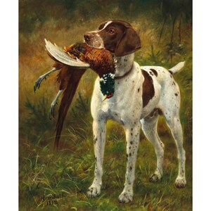 May include: A brown and white spotted dog with a pheasant in its mouth. The dog is standing in a grassy field. The painting is signed "R.W. Macbeth 1912".