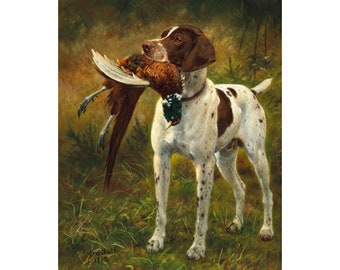 May include: A brown and white spotted dog with a pheasant in its mouth. The dog is standing in a grassy field. The painting is signed "R.W. Macbeth 1912".