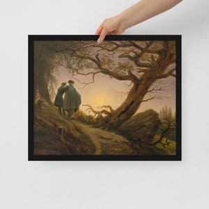 May include: Two figures in dark clothing stand on a path in a forest, looking at a crescent moon in the sky. The scene is painted in a muted palette of browns, greens, and blues, with a sense of mystery and solitude.