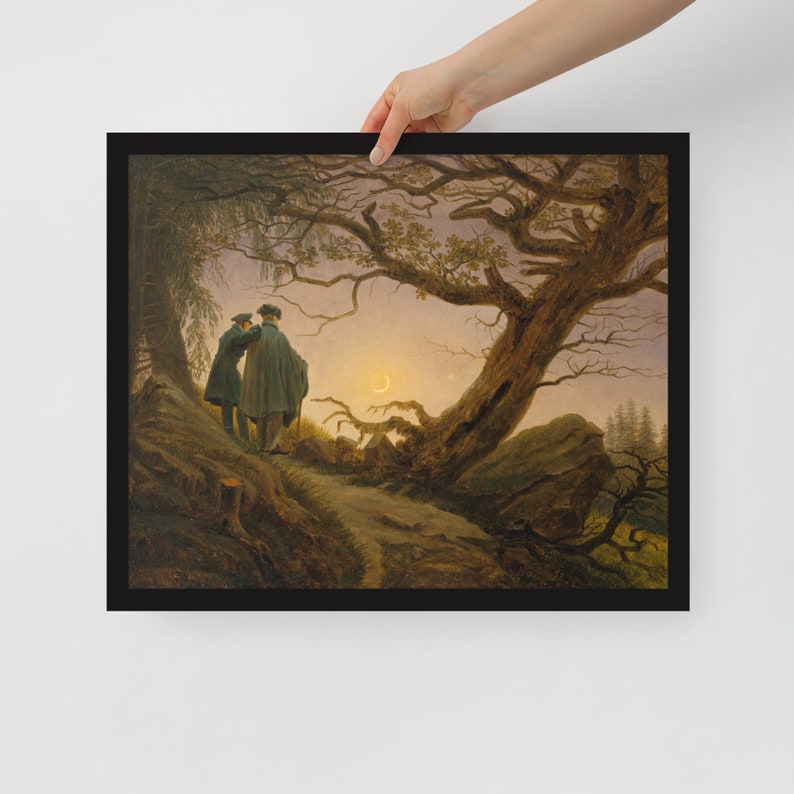 May include: Two figures in dark clothing stand on a path in a forest, looking at a crescent moon in the sky. The scene is painted in a muted palette of browns, greens, and blues, with a sense of mystery and solitude.