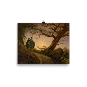 May include: Two figures in dark clothing stand on a path in a forest, looking at a crescent moon in the sky. A large tree with bare branches frames the scene. The painting is done in a realistic style with muted colors.