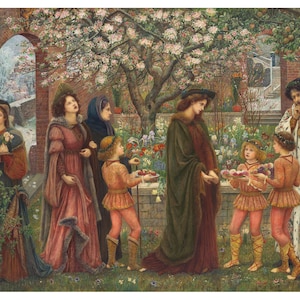 May include: A painting depicting a group of people in a garden setting. The central figures are a woman in a green robe and a man in a white and gold robe. They are surrounded by other people, including children holding baskets of fruit. The garden is filled with flowers and trees, and the background shows a brick wall and a glimpse of a snowy landscape.