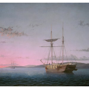 Lumber Schooners at Evening on Penobscot Bay | Fitz Henry Lane | 1863 Navy Print
