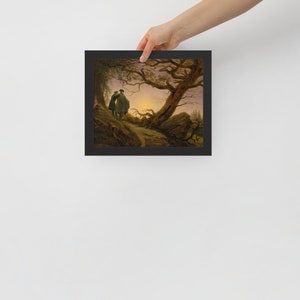 May include: Two figures stand on a path in a forest, looking at a bright light in the distance. The scene is painted in a romantic style, with soft colors and a sense of mystery.