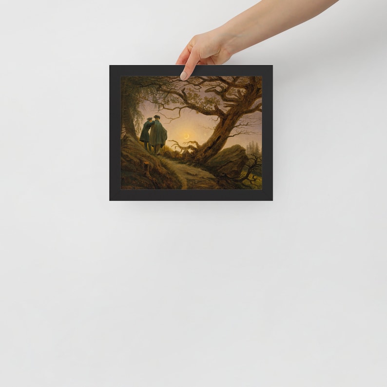 May include: Two figures stand on a path in a forest, looking at a bright light in the distance. The scene is painted in a romantic style, with soft colors and a sense of mystery.