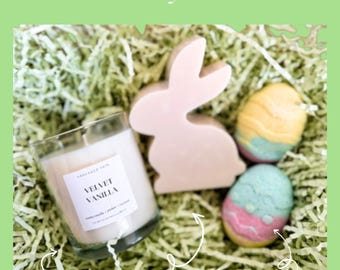 Osterhase Geschenkbox | Frühlings-Self-Care-Set | Sojakerze, handgemachte Seife & Badebomben | Osterkorb Alternative | Spa Geschenk für Sie