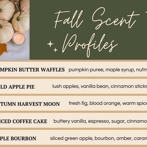 Op de afbeelding: Een afbeelding die herfstgeuren promoot. De linkerbovenhoek toont witte pompoenen, een kaars en een herfstblad. De tekst "Fall Scent Profiles" is in cursief geschreven. Daaronder staan geurprofielen zoals Pumpkin Butter Waffles, Gold Apple Pie en Spiced Coffee Cake.