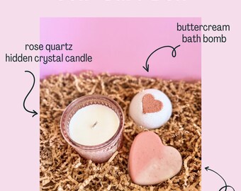 Valentine Self-Care Spa Geschenkbox - Rosenquarz Kerze mit Kristall + Herzseife + Badebombe Set