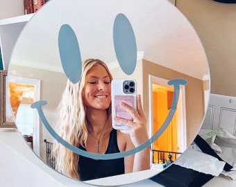 Smiley Face Mirror Wall Art - Danish Room Decor Aesthetic, Y2K Nursery Teens Vsco Dorm, Happy Smile Home Office Decor, Vibrant Mirror Art