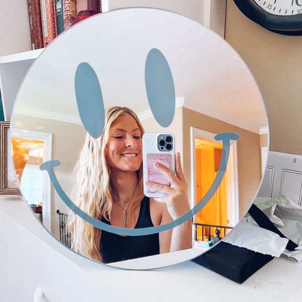 Smiley Face Mirror Wall Art - Danish Room Decor Aesthetic, Y2K Nursery Teens Vsco Dorm, Happy Smile Home Office Decor, Vibrant Mirror Art