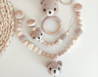 SET Kinderwagenkette Schnullerkette Häkel Bär  Rassel  Silikon Holz Natur Baby Bärchen  Junge Amigurumi Häkeltier creme braun Geburt