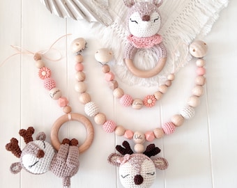 SET beige braun Kinderwagenkette Schnullerkette Maxi cosi Anhänger  Reh Hirsch Rehkids silikon Holz Natur Baby zahn Mädchen  Peach Amigurumi