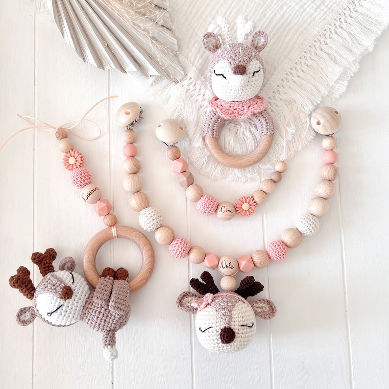 SET beige braun Kinderwagenkette Schnullerkette Maxi cosi Anhänger Reh Hirsch Rehkids silikon Holz Natur Baby zahn Mädchen Peach Amigurumi image 1