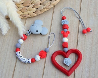 SILIKON tétine chaîne Maxi Cosi chaîne pendentif souris rouge gris bébé siège auto bébé dents cadeau garçon naissance fille