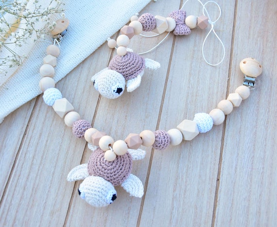 Chaîne de landau Maxi cosi chaîne tortue silicone bois nature bébé cadeau  naissance fille garçon crème poussette chaîne amigurumi crochet tête -   Canada