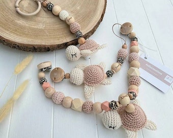 SET bast beige leo Kinderwagenkette Schnullerkette Name Schildkröte Maxi Cosi Kette silikon Holz Natur Baby  Mädchen Junge Amigurumi Creme