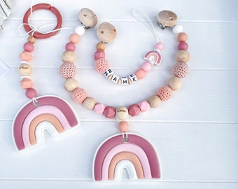 SET Baby Rainbow Stroller Chain Pacifier Chain Name Maxicosikette Pendant Silicone Wood Nature Baby Girl Pink