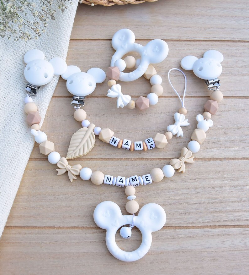 Silicone Set Minnie Mouse Pacifier Chain Name Griffon Stroller Chain Pendant Mouse Grey Blue Baby Tooth Gift Birth Boy Girl