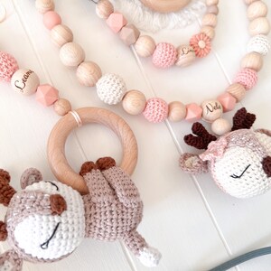 SET beige braun Kinderwagenkette Schnullerkette Maxi cosi Anhänger Reh Hirsch Rehkids silikon Holz Natur Baby zahn Mädchen Peach Amigurumi image 8