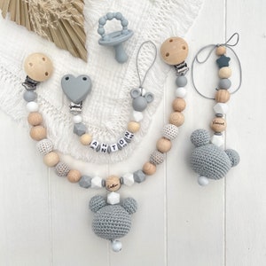 Set mouse wood silicone pram chain + dummy chain with name Maxi Cosi chain, gray cream baby boy birth gift